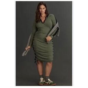 Daily Practice by Anthropologie Green Ribbed‎ Ruched Polo Midi Dress Small